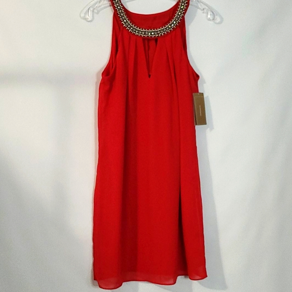 Francesca's Blue Rain Red Cocktail Dress S Small Embellished Beaded Neckline NEW